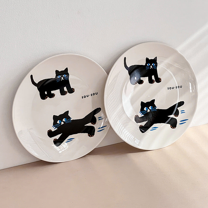 010#Ceramic Dinner Plate Black Cat Breakfast Household Good-looking Tableware Salad Dish