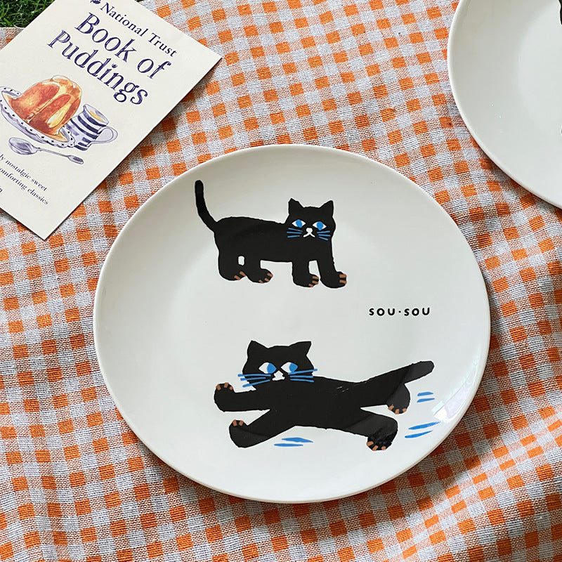 010#Ceramic Dinner Plate Black Cat Breakfast Household Good-looking Tableware Salad Dish