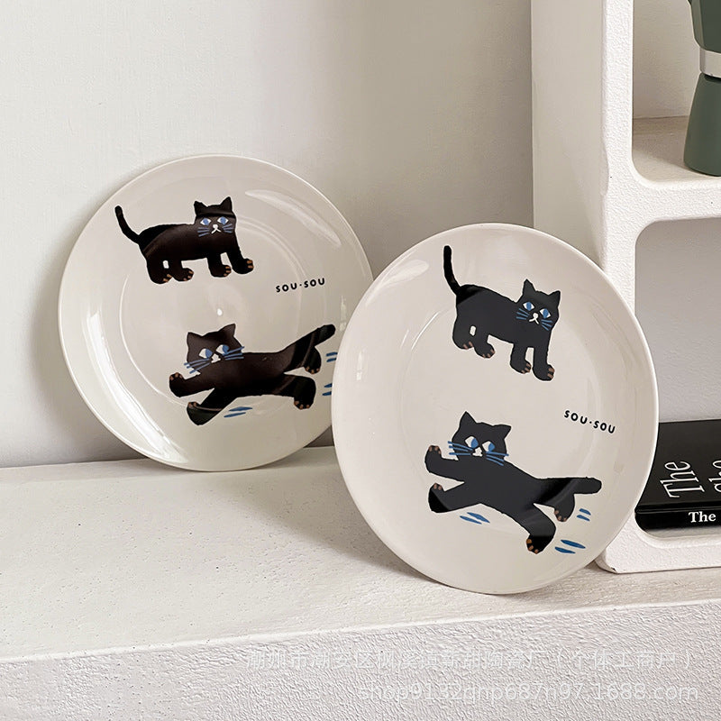 010#Ceramic Dinner Plate Black Cat Breakfast Household Good-looking Tableware Salad Dish